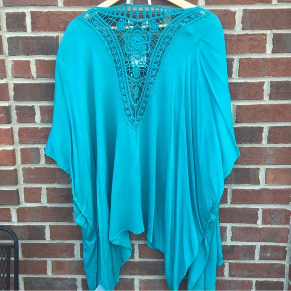 New Directions Boho Kimono One Size Turquoise Open Waterfall Front Crochet - Picture 2 of 6